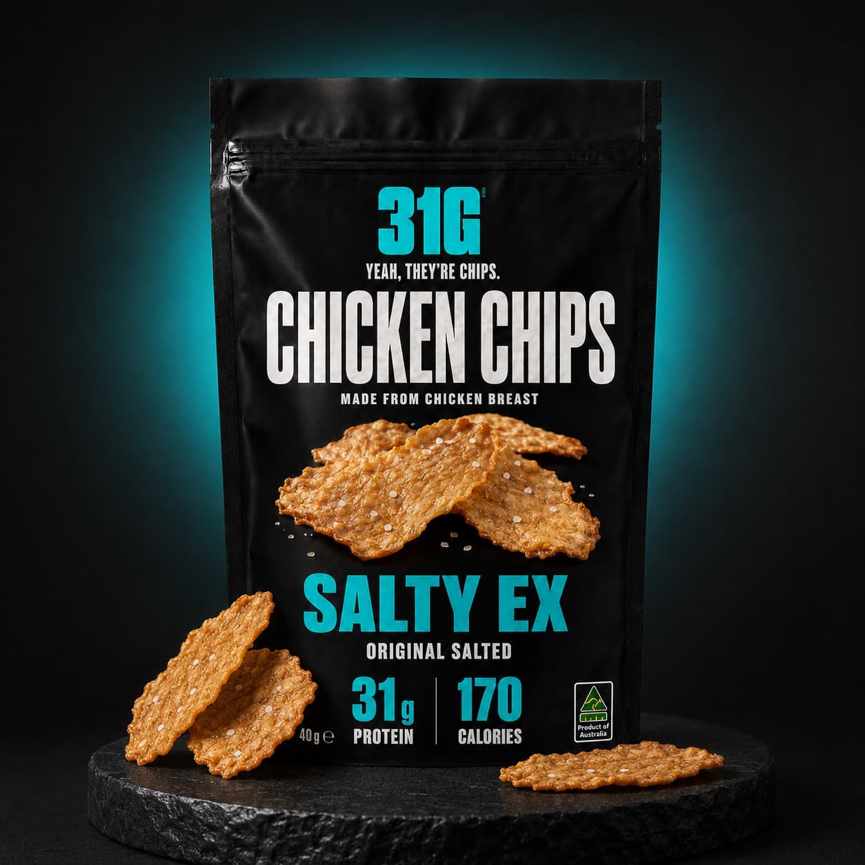 The 31G Chicken Chips pack standing on a stone plinth in a cyan glow, chips at its base