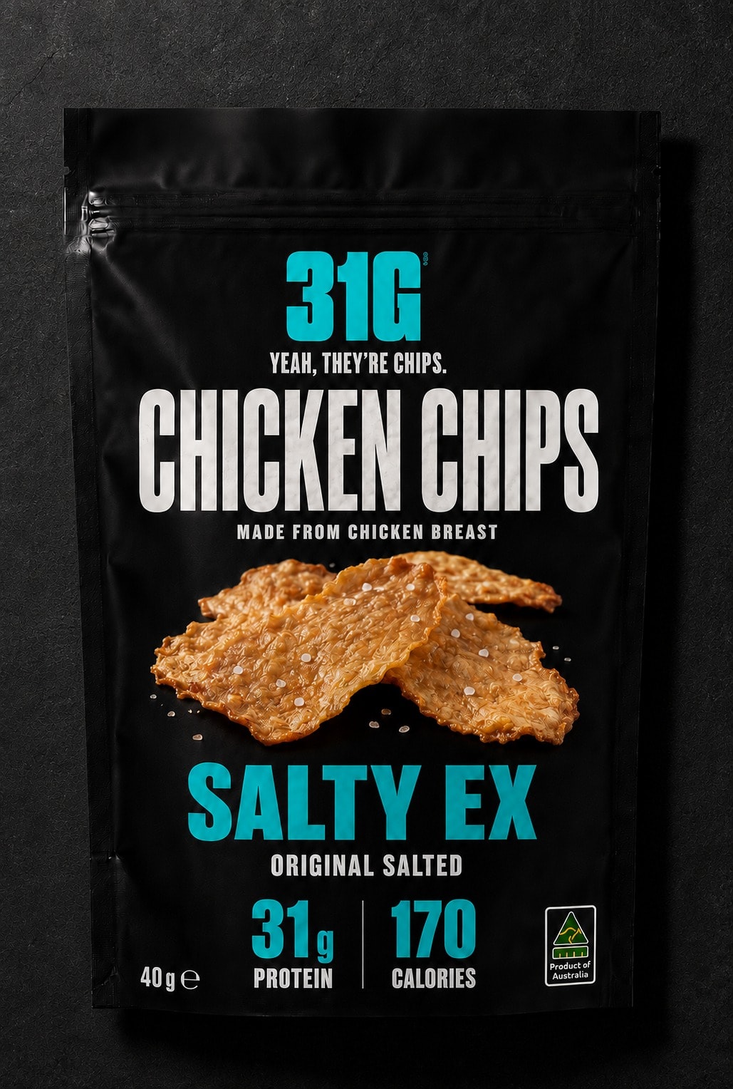Front of the 31G Chicken Chips pack, Salty Ex flavour